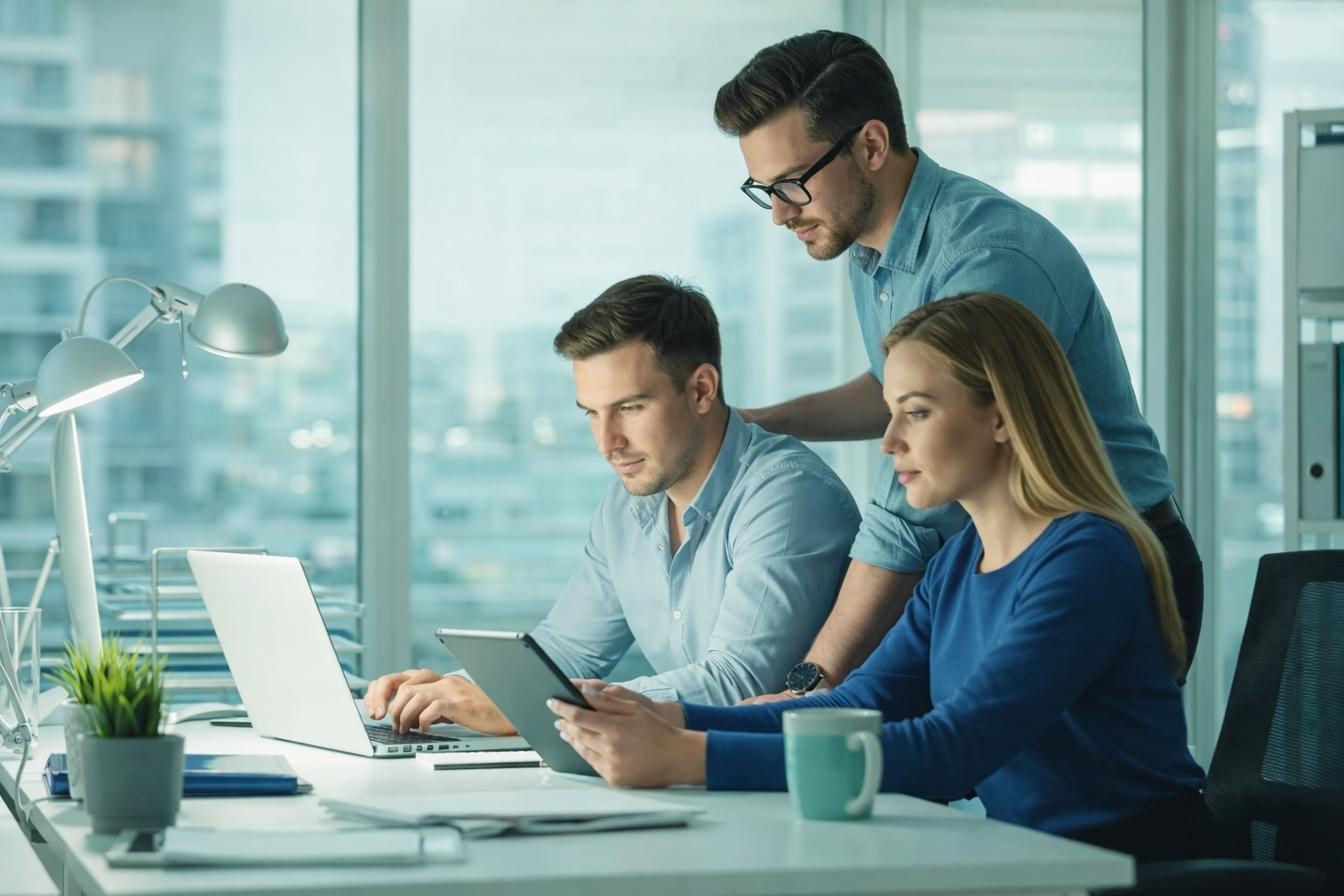 Business professionals working on laptops deploying specialised expertise through outsourcing